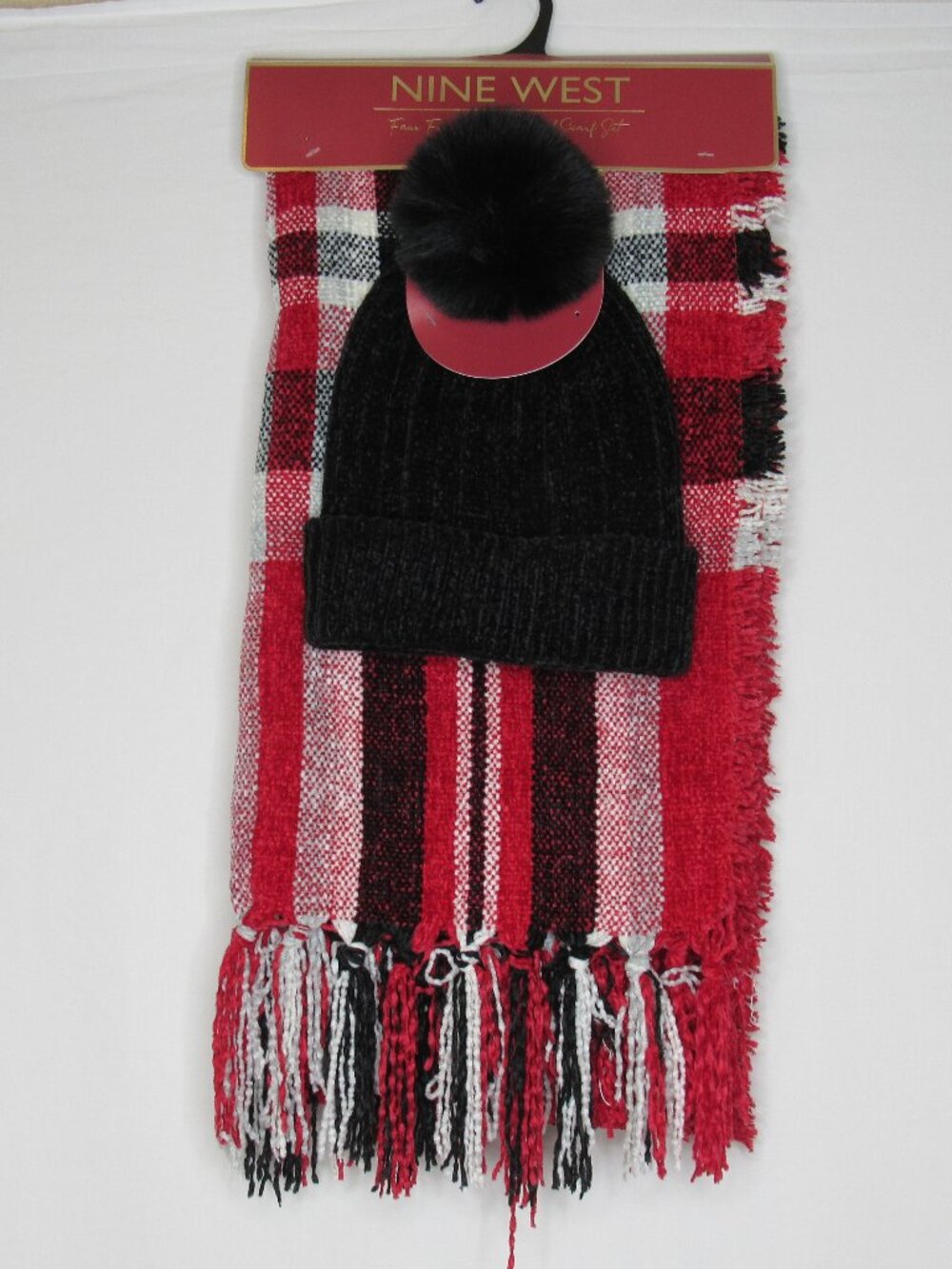 Nine West Faux Fur Beanie Red Plaid Scarf Gift Set New NWT Winter